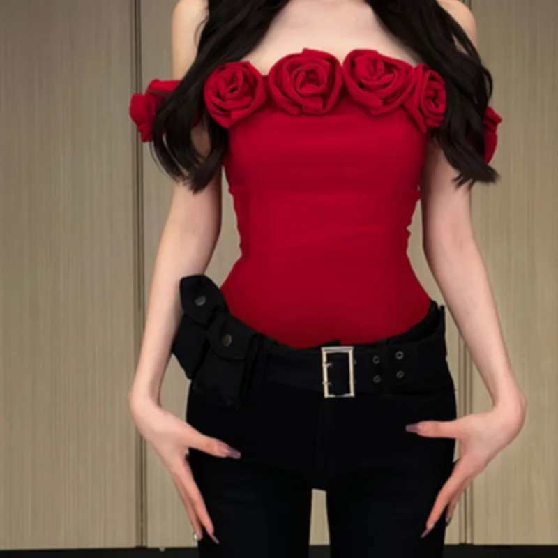 섹시한 한국 슬래시 넥 여성용 상의, 슬림 솔리드 티셔츠, 나이트 클럽 소녀 풀오버, 여름 유행 레드 블랙 여성 의류