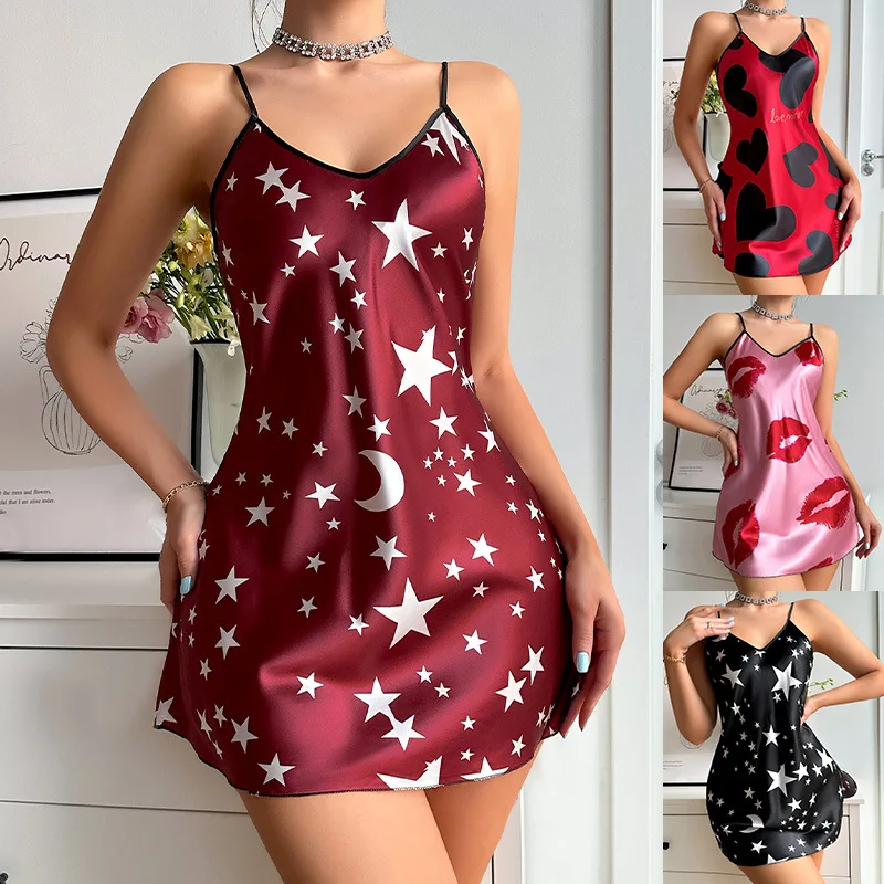 New Summer Suspender Skirt Dress for Women Nightsleeper Floral Skirt Silk Satin Imitation Silk Sexy Backless Nightgown Wholesale