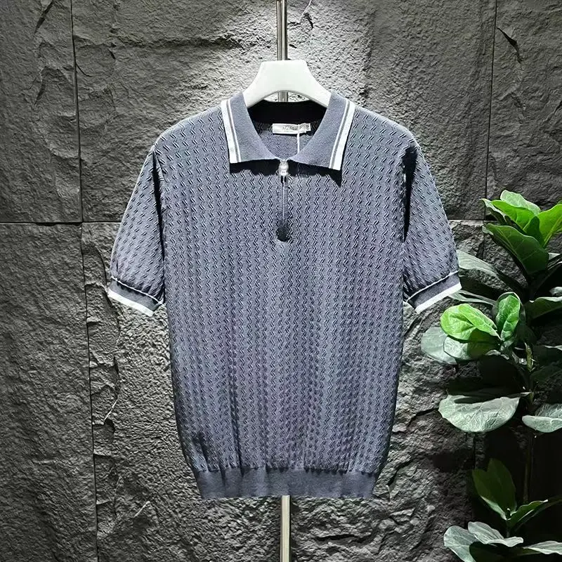 Men's Knitted Jacquard Polo Shirt Casual Stripe Turn-down Collar Zipper Solid Short Sleeve Tees Shirt Breathable Luxury Clothing 9 S55aa7c0ed8454de3b39ea9e1d4892bfaM