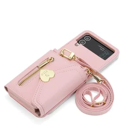 Stylish Crossbody Leather Wallet Phone Case with Love Card Holder and Lanyard Strap for Galaxy Z Flip5 5G (Rose Gold)
