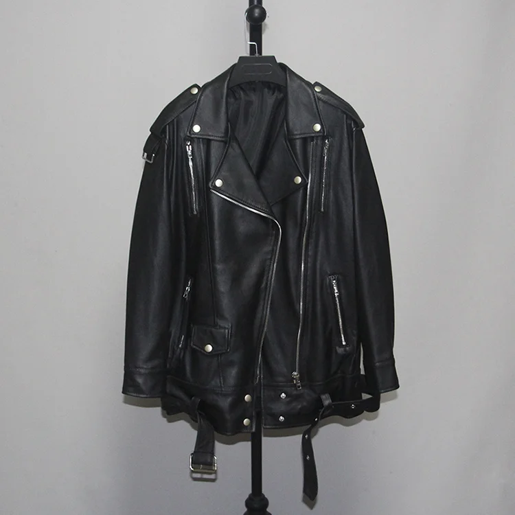 style Free shipping.Women loose leather jacket.quality soft sheepskin