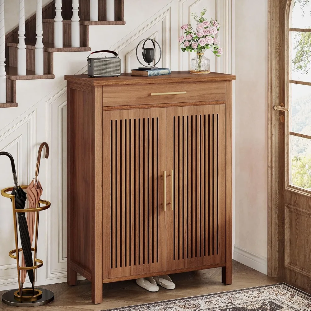 5-Tier Shoe Cabinet with Louvered Doors and Drawer, Freestanding Wooden Shoe Rack Organizer for Entryway, Hallway