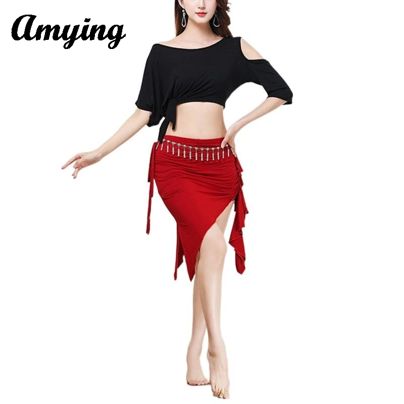 

New Women Modal Belly Dance Training Suit Set Sexy Large Bat Sleeves Top and Irregular Mini Skirt Oriental Dance Practice Dress