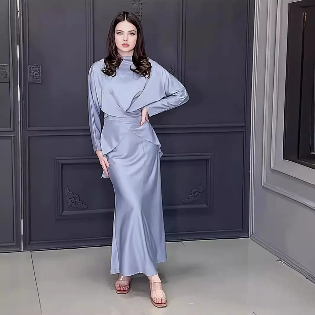 

Elegant Satin Dress Set for Women, European and American Style, Belted Long Sleeve Shirt, High Waist, One-Step Skirt