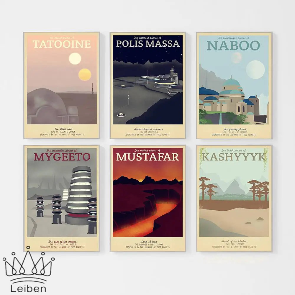 

Travel Movie Retro Posters and Prints Tatooine Mustafar Naboo Utapau Landscape Vintage Canvas Painting Home Decor Living Room