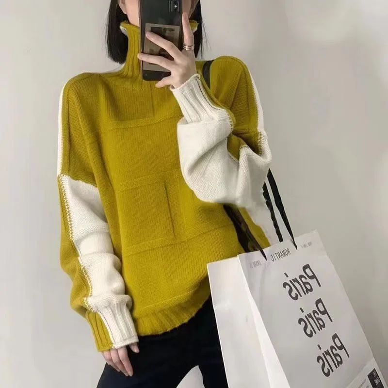 FashionTops2022WomenPulloverSplicingHighCollarLooseSweater