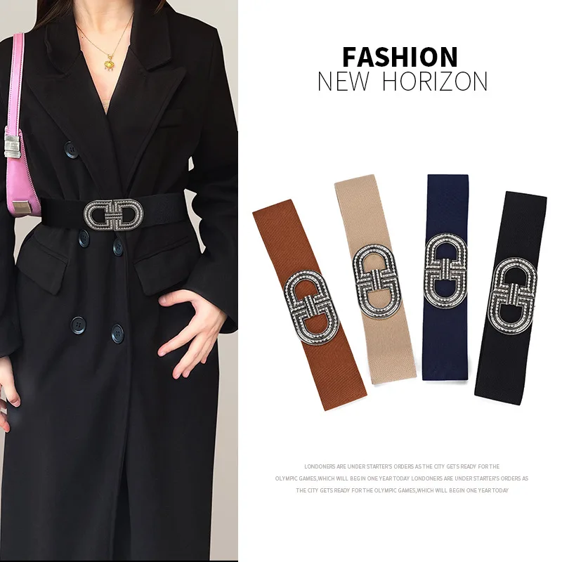 New Fashion Rhinestone Buckle Girls Waist Seal European And American Retro Elastic Wide Belt With Down Coat Ladies Accessory Bel baroque rhinestone waist chain with classic bright gold chain embellished ladies fringed bohemian metal belt