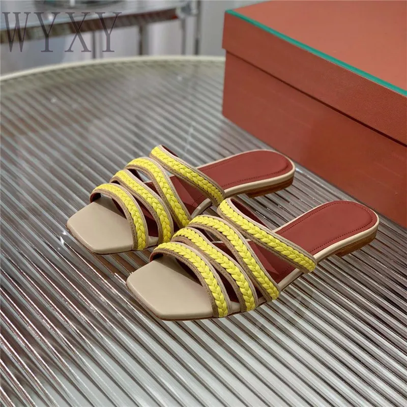

Summer New Fashion Square Toe Open Toe Women Slippers Casual Flats Concise Weave Decor Genuine Leather One Strap Beach Slippers