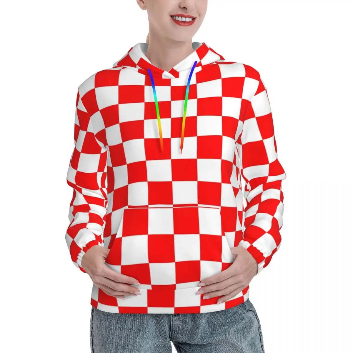 

Croatian Checkerboard Casual Hoodies Red White Square Harajuku Hooded Shirt Winter Long Sleeve Loose Oversize Pullover Hoodie