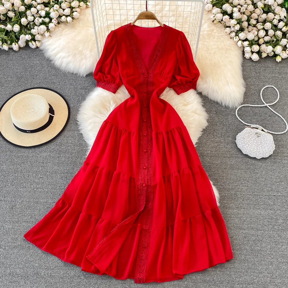 New Women Vintage Party Dress Summer Puff Sleeve Sexy V Neck Lace Single-breasted Long Dresses Ladies A Line Elegant Long Robe