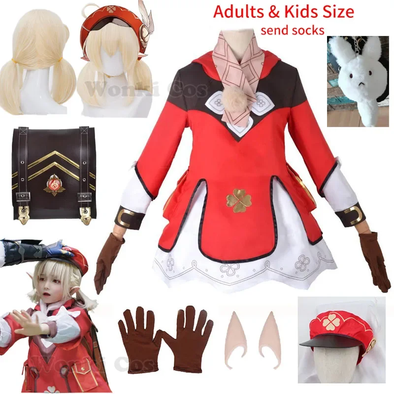 

Game Genshin Impact Klee Cosplay Costume Wig with Hat Full Set Cute Loli Dress Genshin Klee Backpack Bag for Kids Cosplay
