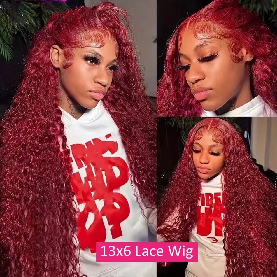 Burgundy 13x6 Hd Lace Frontal Human Hair Wig Deep Wave Curly Wigs For Women Water Wave Colored 99j Red 30 Inch Lace Front Wig