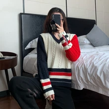 

Western style twist texture retro contrast color sweater tb college style Korean version loose V-neck striped knitted sweater