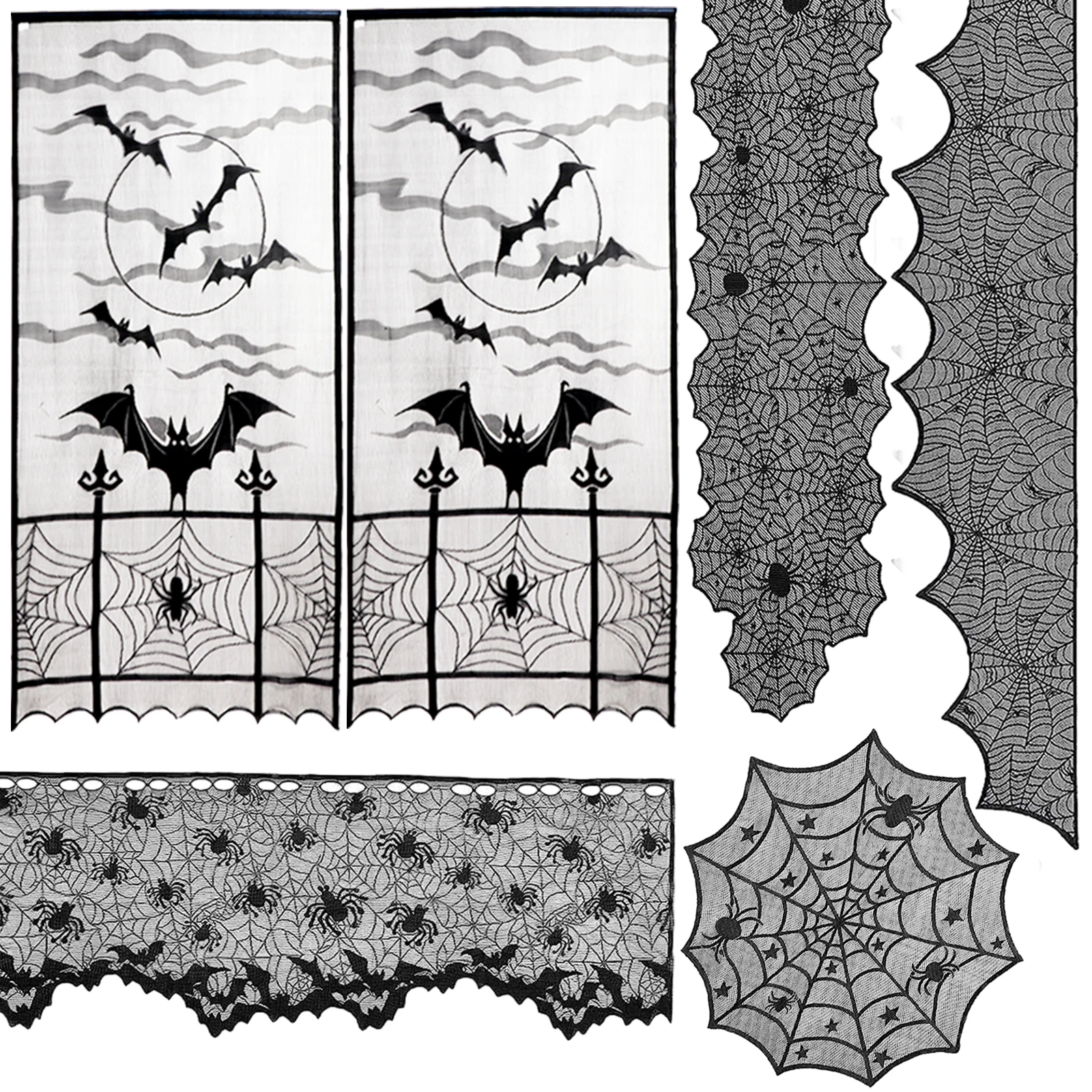 

OurWarm Halloween Bat Lace Table Runner Black Spider Web Tablecloth Fireplace Curtain for Halloween Party Decor Horror Props