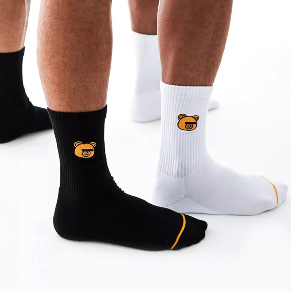 Black White Sports Fitness Embroidered Bear Cotton Socks Towel Sole Breathable Wicking Cotton Socks