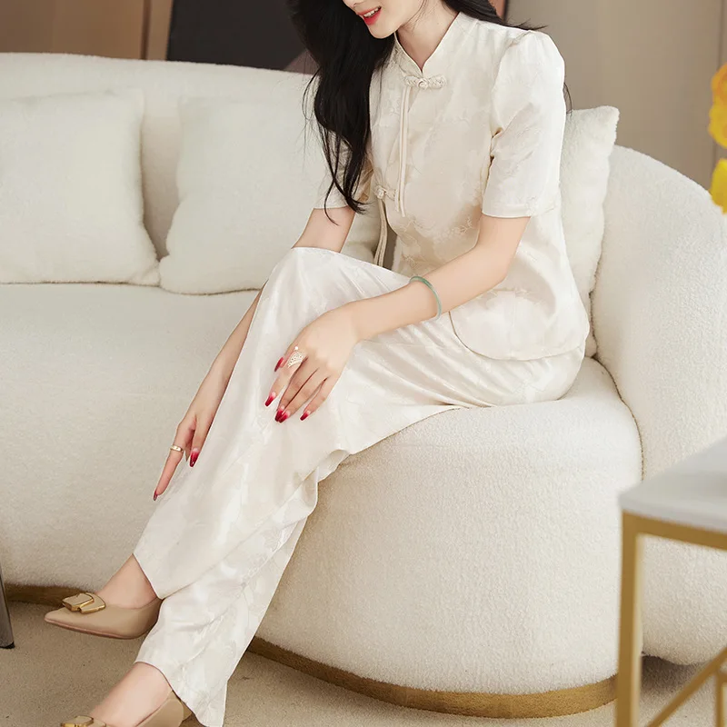 

Spring Summer Woman Two Piece Set Chinese style High end Jacquard Top+ Elegant Wide Leg Pants 2 Piece Set Women S-XXL