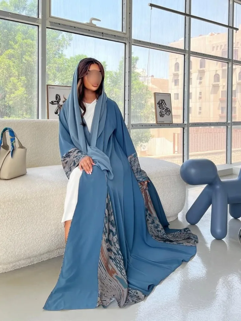 عباءات نسائية إسلامية للشرق الأوسط، فساتين كاجوال طويلة، جلباب عربي بأكمام كاملة مفتوح من الأمام مع حجاب، طقم من قطعتين