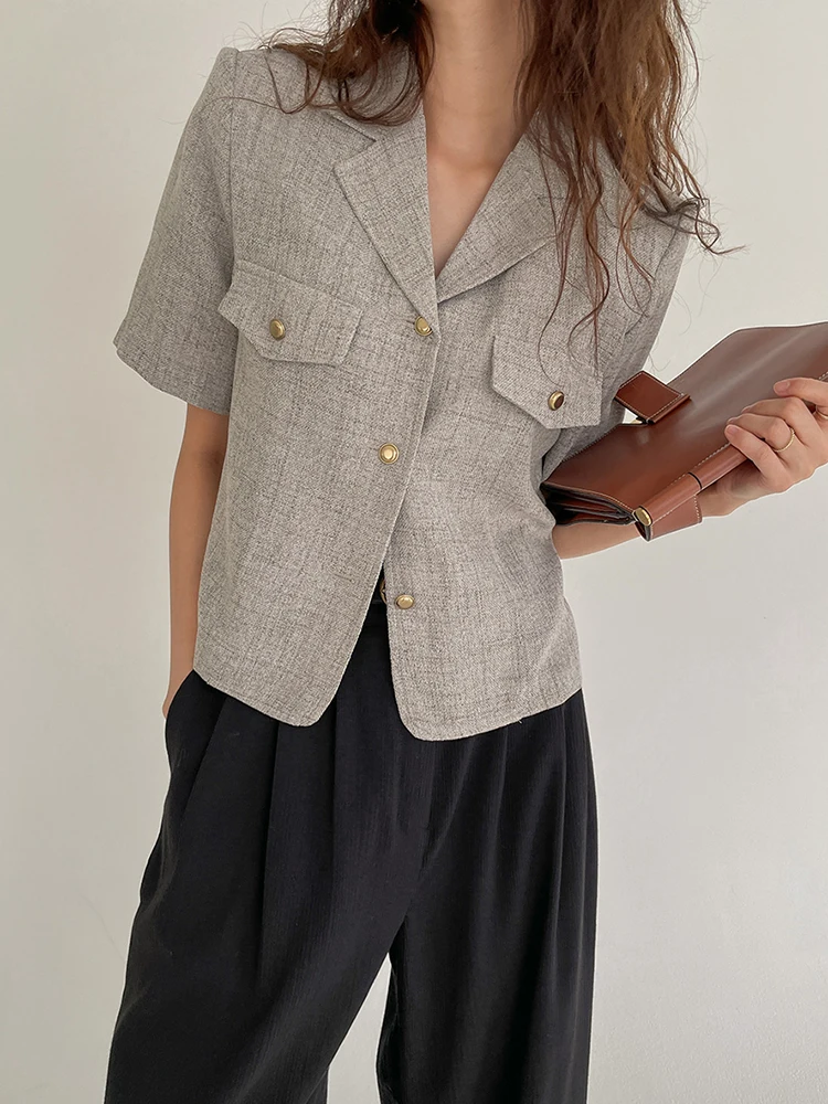 QOERLIN Design Summer New Cropped Blazers Women Elegant Short Sleeve Jacket Ladies Short Coat Chic Notched Single-Breasted Coat