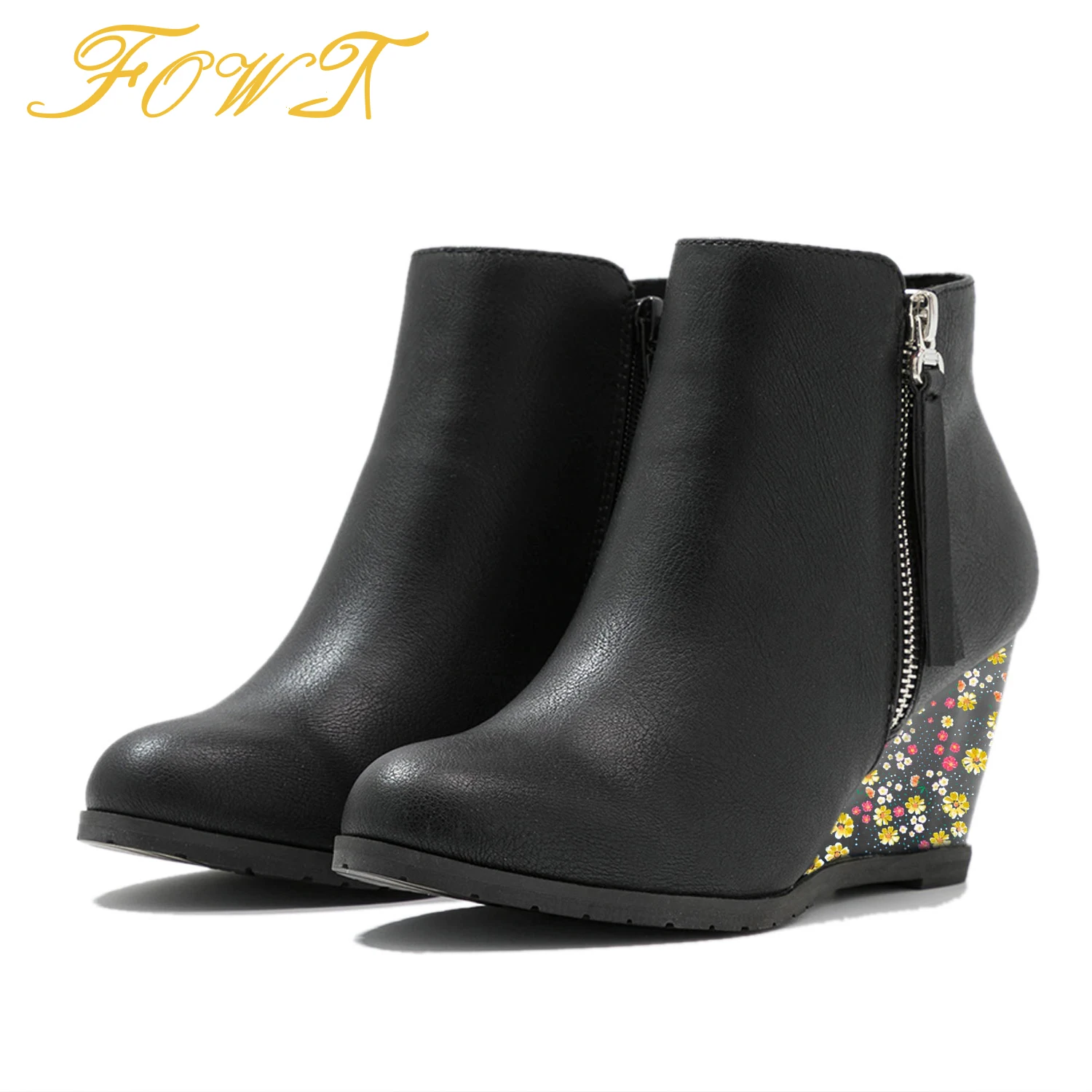 

High Wedges Flowers Heels Women's Short Boots Double Zipper Round Toe Winter Fashion Ladies Ankle Booties Large Size 42 43 Shoes