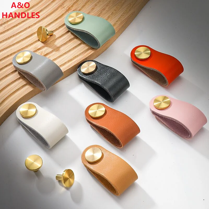 Handles Drawer Cabinet Furniture Kitchen Handles for Cabinet Knob Door Drawer Furniture Kitchen Brass Cowhide Pulls Knob