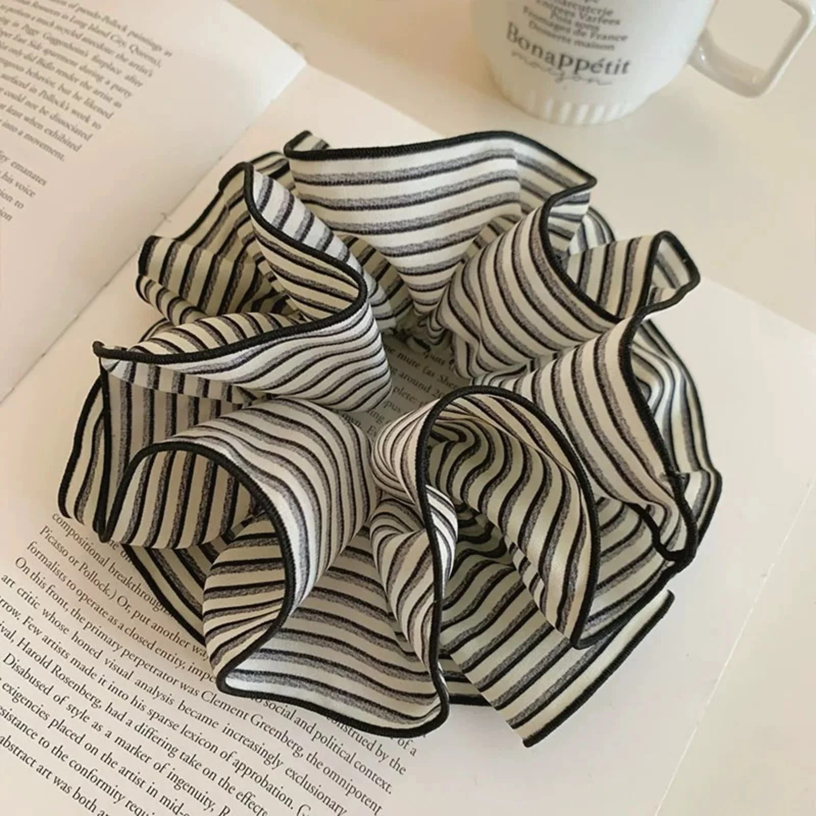 1PC Large Striped Hair Scrunchie with Ruffled Edges, Chic Black and White Hair Tie, Stylish Hair Accessory for Women