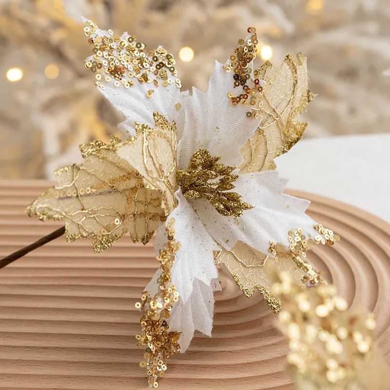 

Christmas Flower Gold Imitation Christmas Flower Christmas Tree Decorative 20Cm Sequin Flannelette Simulation Silk Cloth Flower