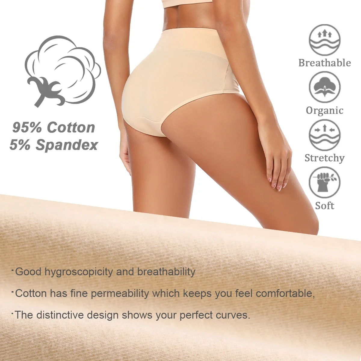 POKARLA 5PCS Women's Seamless Cotton Underwear Soft High Waisted Underpants Ladies Breathable Full Coverage Briefs Set Plus Size