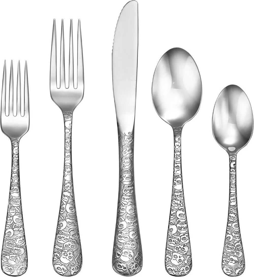 Calavera (Skull) 45 Piece Flatware Set for 8 Silverware Highest Quality Stainless Steel Dishwasher Safe