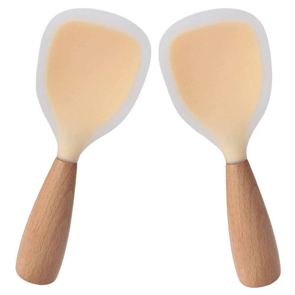 

2 Pcs Silicone Rice Spoon Scoop For Home Kitchen Practical With Wooden Handle Supply Household Non-stick Soup Ladle