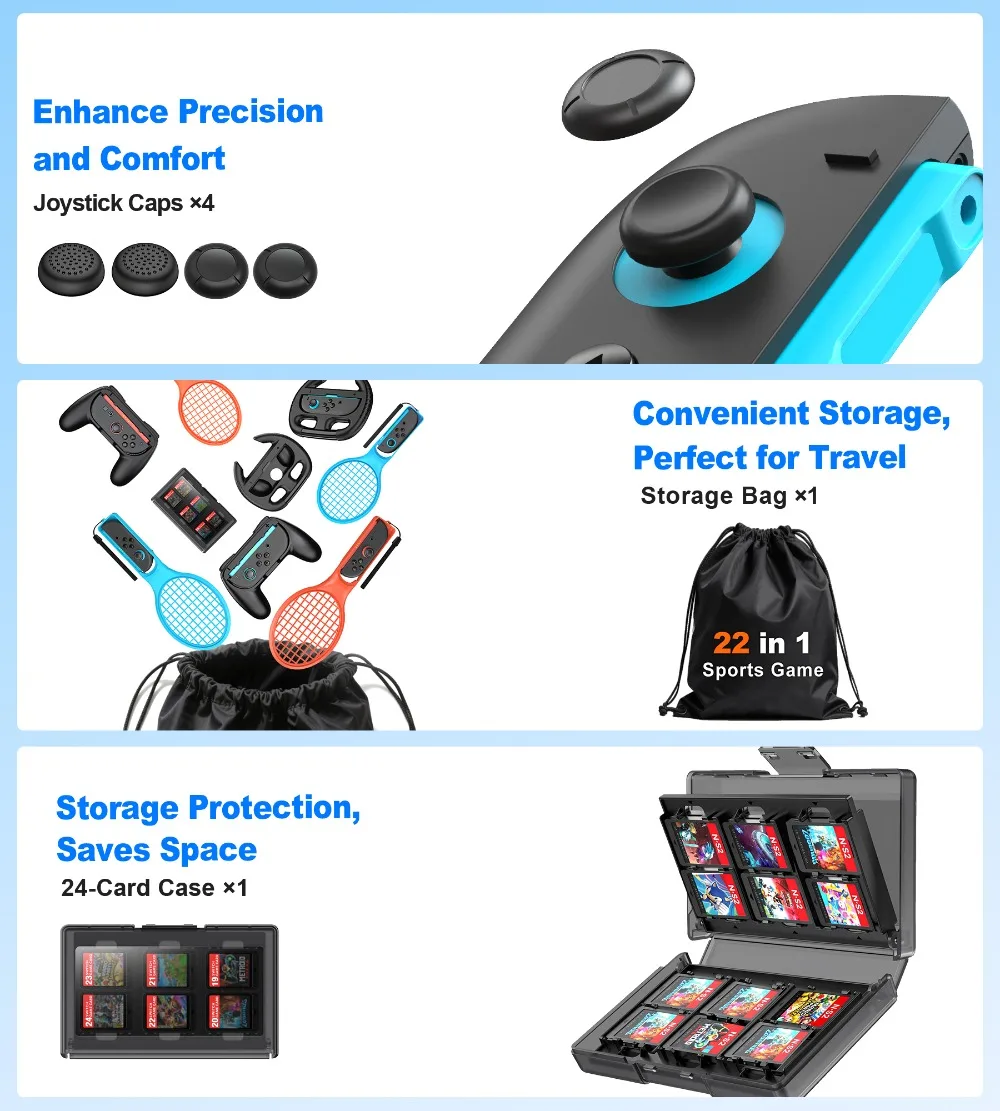 BEBONCOOL 22-in-1 Multi-Sport Accessory Set for Nintendo Switch 2 Golf Tennis Boxing Steering Wheel-Family Fun Home Workout