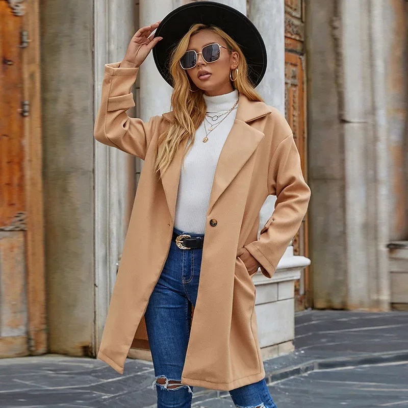 New 2022 Autumn and Winter New Suit Collar Solid Color One Button Long-sleeved Ladies Casual Jacket Windbreaker Mid-length