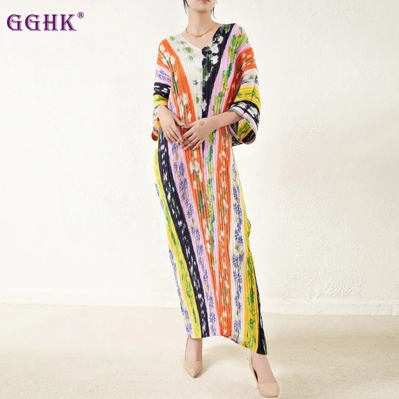 

GGHK Miyake Pleated 2024 Spring New Batwing Sleeves Dress Fashion Color Block Printed V-Neck Evening Party Women Long Dresses