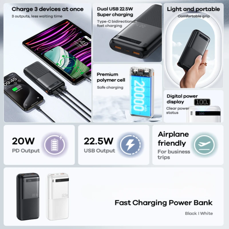 Portable Fast Charging Powerbank Type-C PD20W Qucik Charge Poverbank External Battery Charger 22.5W Power Bank 20000mAh 5