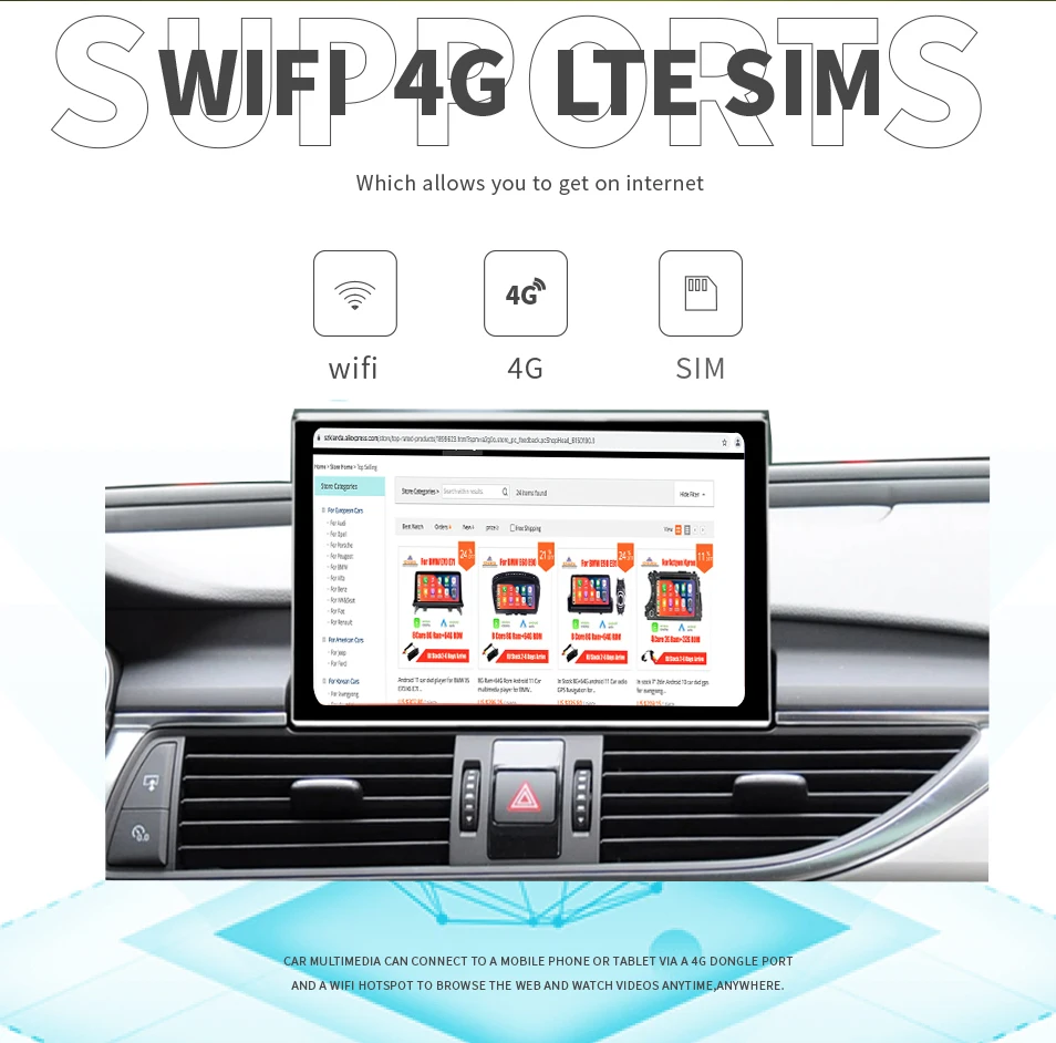 무선 카플레이 안드로이드 14 터치 스크린 차량 디스플레이 PC, 아우디 A6, C7, A7, 2012-2018, 와이파이, 4G, 4 코어, 8GB, 64GB, GPS 네비게이션 멀티미디어