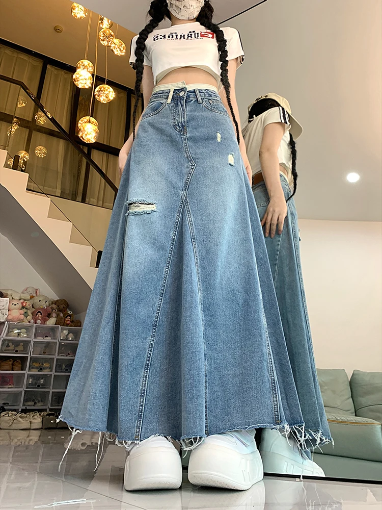 

Женская джинсовая юбка с высокой талией, свободная трапециевидная винтажная юбка в Корейском стиле Харадзюку, Y2k