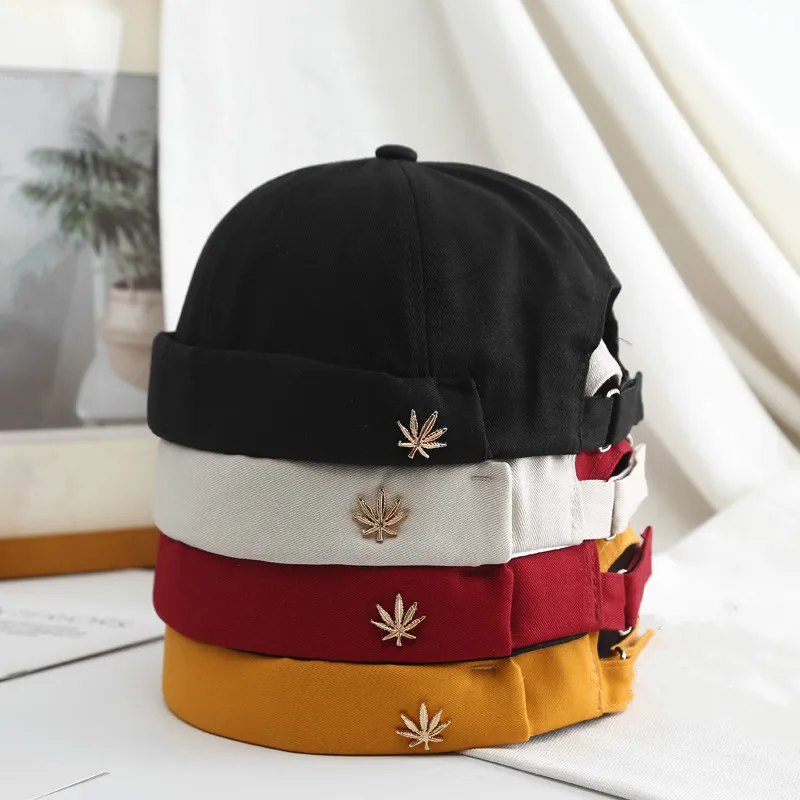 

Men Women Skullcap Sailor Cap Leaf Rivet Embroidery Warm Rolled Cuff Bucket Hip Pop Brimless Hat Adjustable Cotton Hats