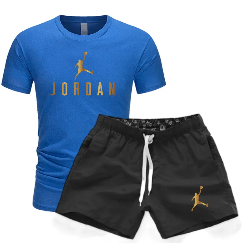 Summer men's fitness fashion men's casual sportswear set, quick drying sportswear short sleeved T-shirt+shorts 2-piece set