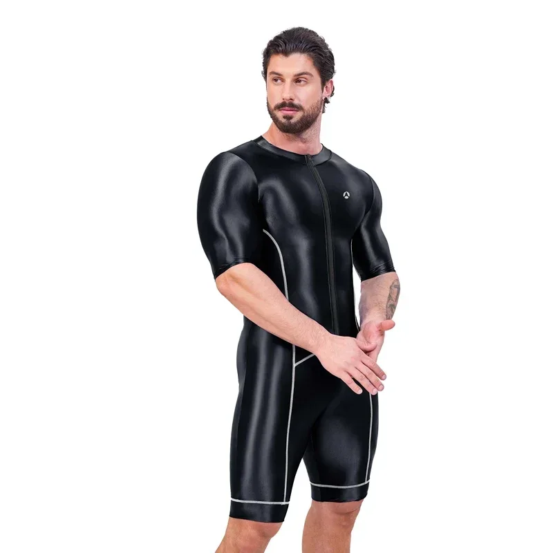 Sports Jumpsuit Pants AMORESY Gladius Series Front Zipper Short-sleeved Spandex Sports Knee Length Romper Unitard Jumpsuit Fitness Swimwear Swimsuit