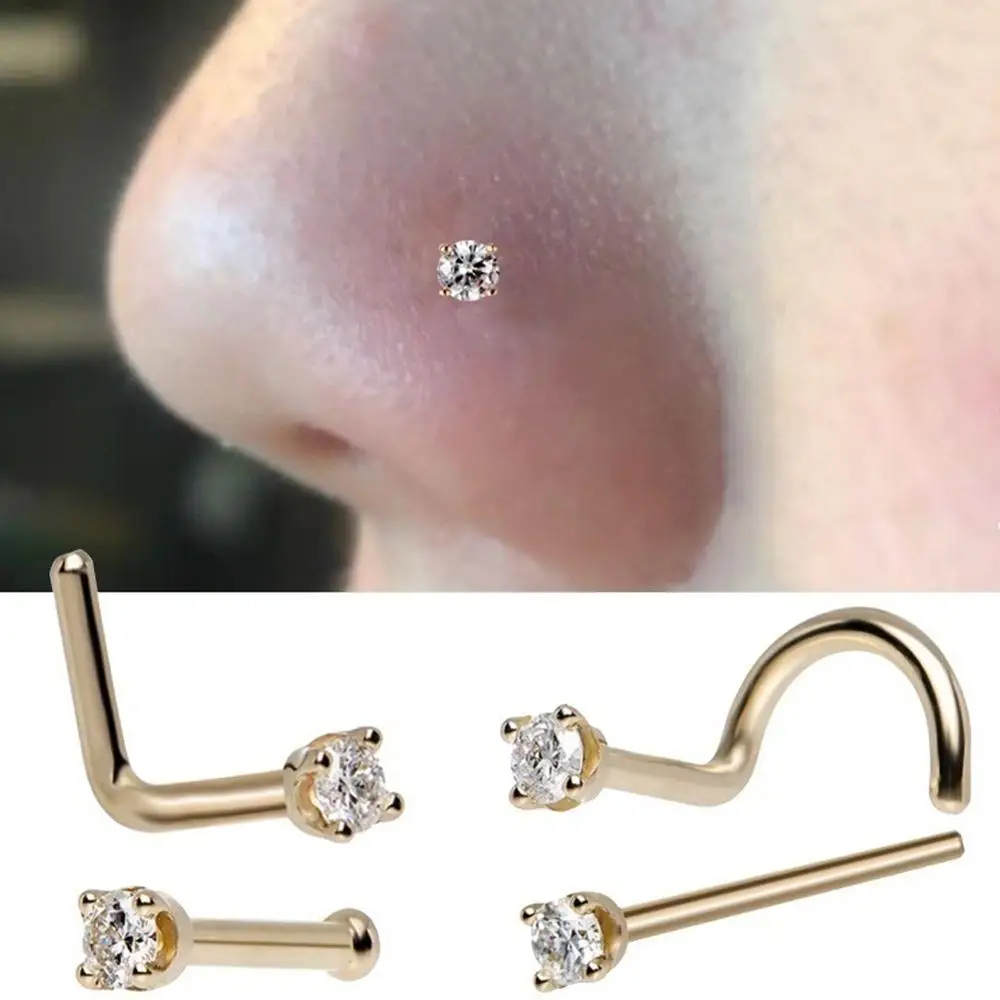 Piercing Jewelry 6PCS Surgical Steel Zircon Gem Bone Nose Stud Anodized Rose gold Color Nose Ring Prong body