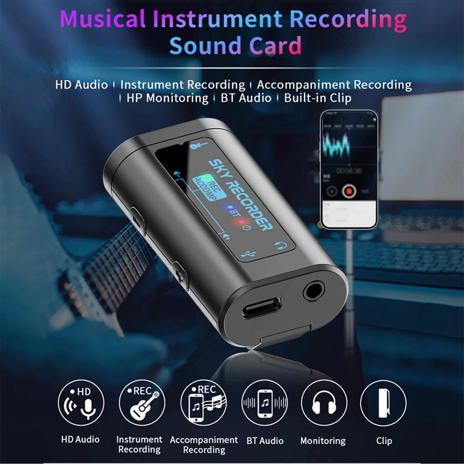 Portable Mini Audio Interface Sound Card with Bluetooth and Type-C Power Supply for Live Streaming and Recording