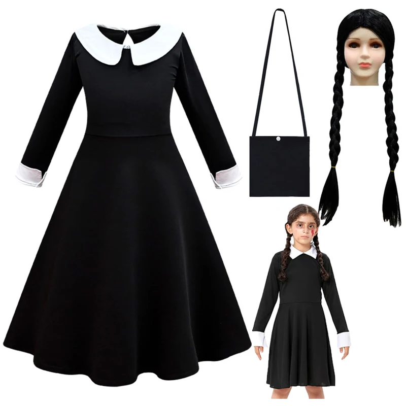 Addigs Family Weddy Costume Gothic Clothes Black Dress For Kids Girls Cosplay Halloween Morticia Outfit Parrucca Uniforme Scolastica