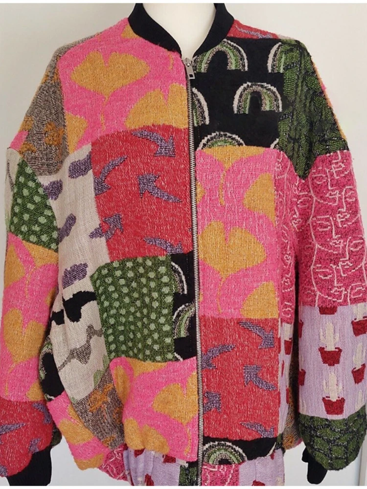 New Autumn Winter Women Print Jacket Colorful Coat Streetwear Oversized Loose Long Lantern Sleeve Outerwear Chic Women Clothes