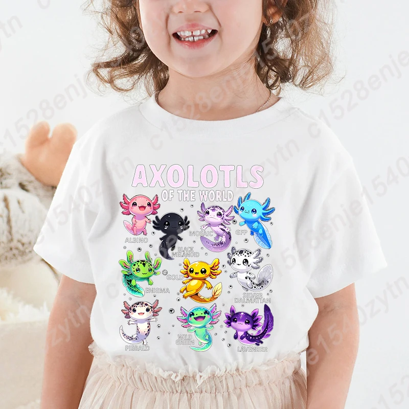 Colorful Cartoon Axolotls Graphic Print Tee, Girls' Casual & Comfy Crew Neck Short Sleeve T-shirt For Spring & Summer 2