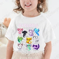 Colorful Cartoon Axolotls Graphic Print Tee, Girls' Casual & Comfy Crew Neck Short Sleeve T-shirt For Spring & Summer 2