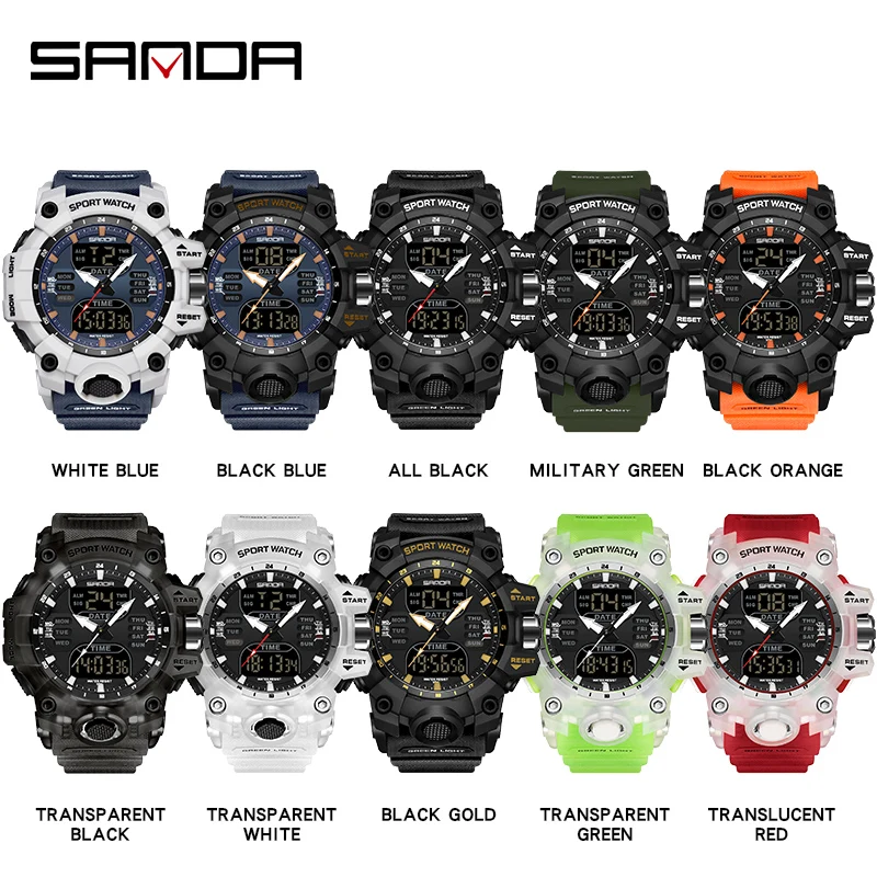 SANDA Men Sports Watches Dual Display Analog Digital LED Electronic Quartz Wristwatches Waterproof Swimming Military Watch