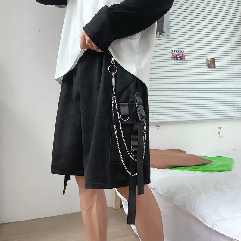 

Summer New Korean Cargo Pants Men's Trendy Patchwork Pocket Chains Solid Color Elastic Waist Loose Sports Straight Casual Shorts