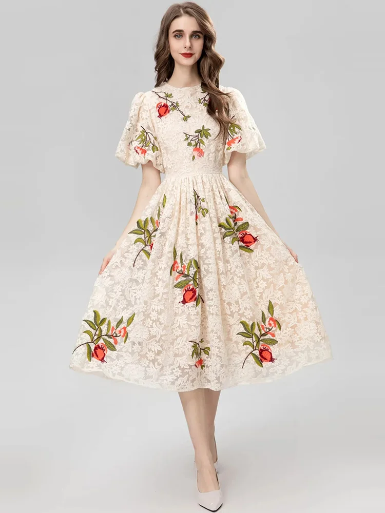 

Fashion New 2023 Party Event Women Allover O Neck Puff Sleeves Slim Fit Lace Embroidery Dress
