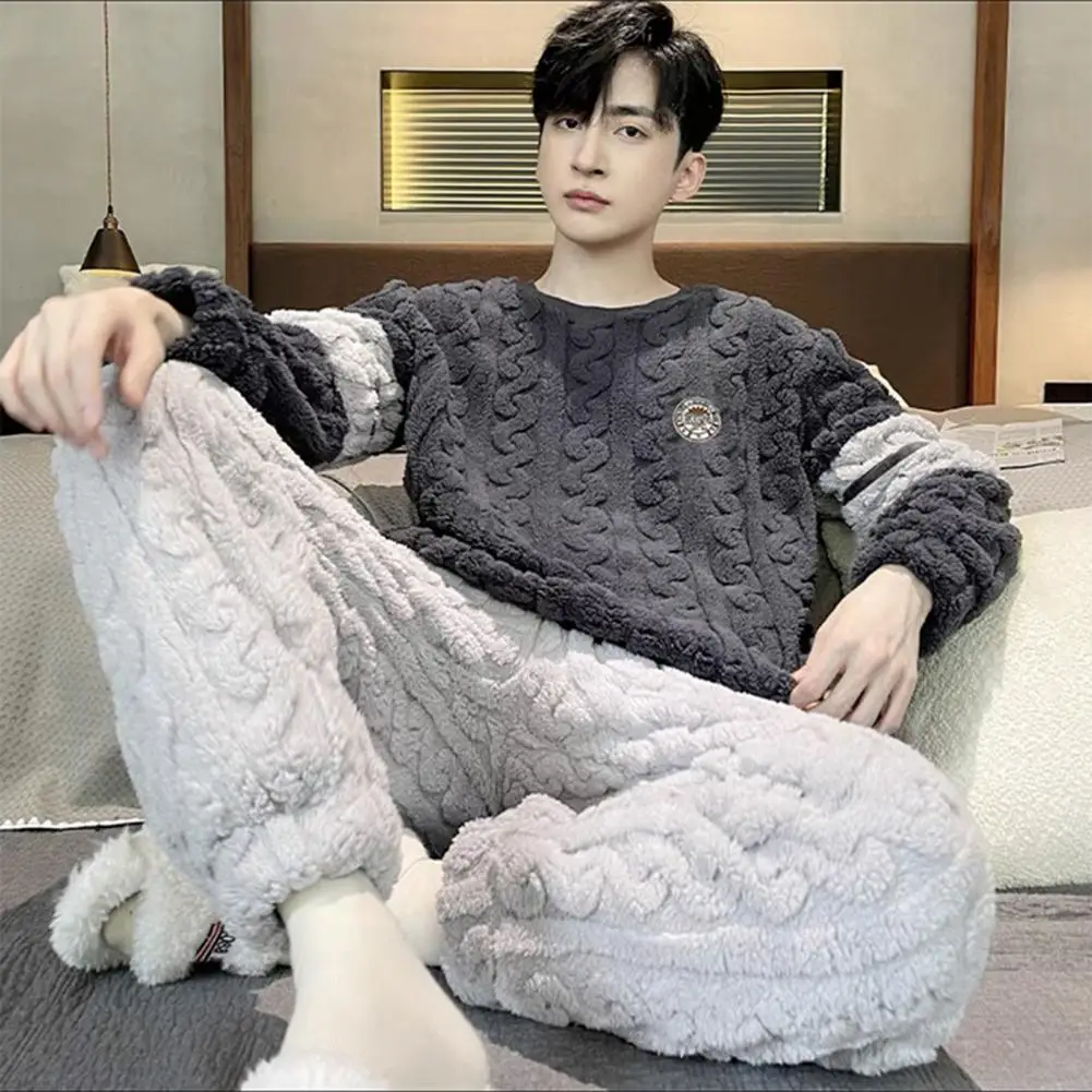 casual loose fit pajamas men s winter pajamas set round neck long sleeve top pants thick warm homewear with elastic waist soft Comfortable Loose Fit Sleepwear Men's Winter Pajamas Set with Round Neck Long Sleeve Thick Twisted Texture Elastic Waist Warm