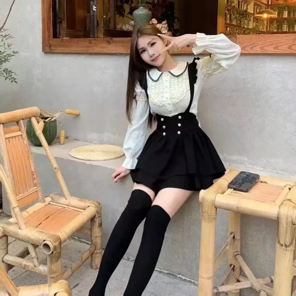 Japanese Gothic Y2k Preppy Style Sweet Lolita Women's Skirt Sets Doll Collar Kawaii Top + Suspender Skirt Lolita Clothes