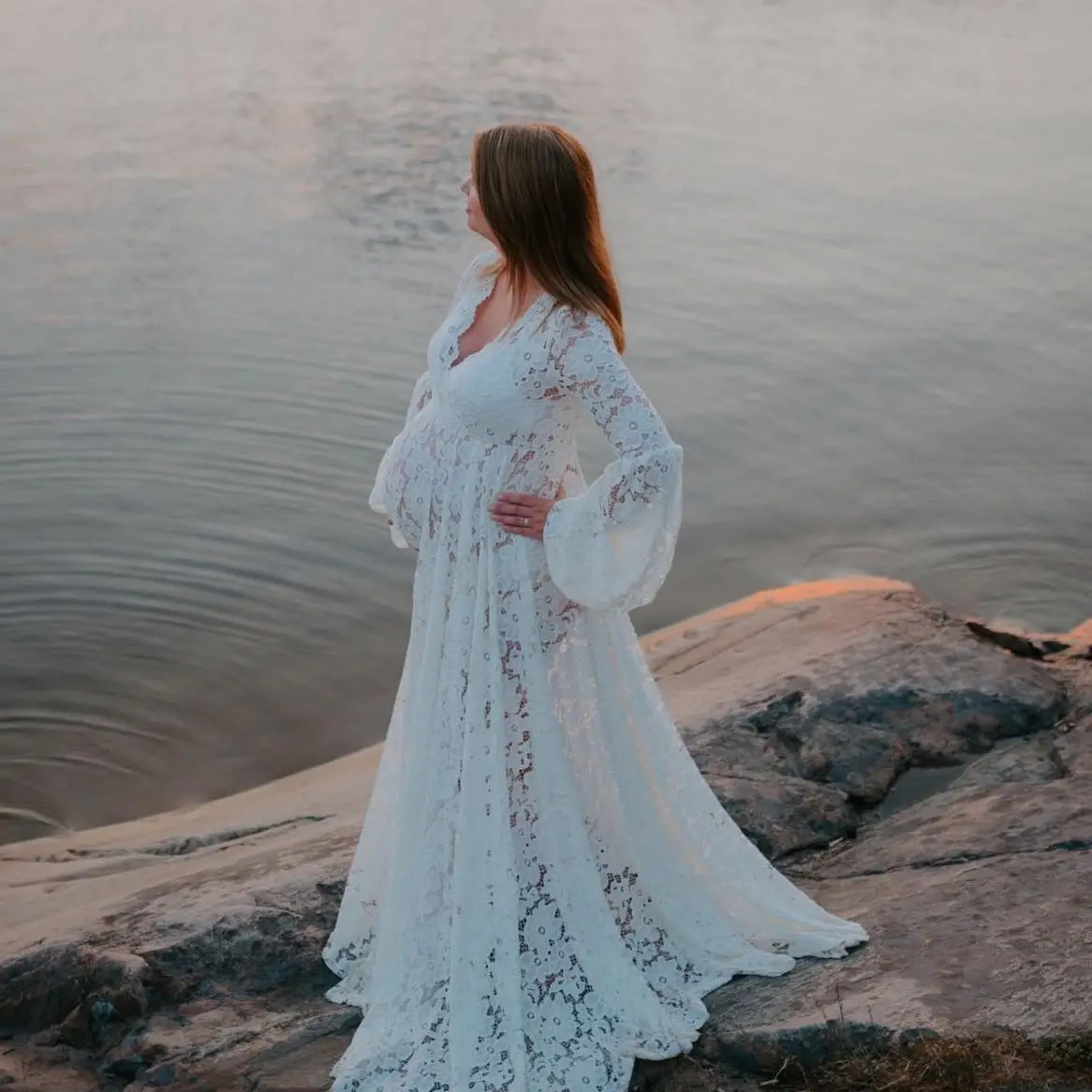

Lace Beach Maternity Photoshoot Dress Illusion Long Sleeves Prom Dresses V Neck Bolero Maxi Gown